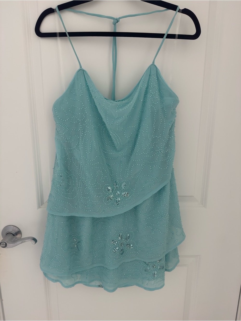 Beaded Halterneck Mini Dress in Turquoise
